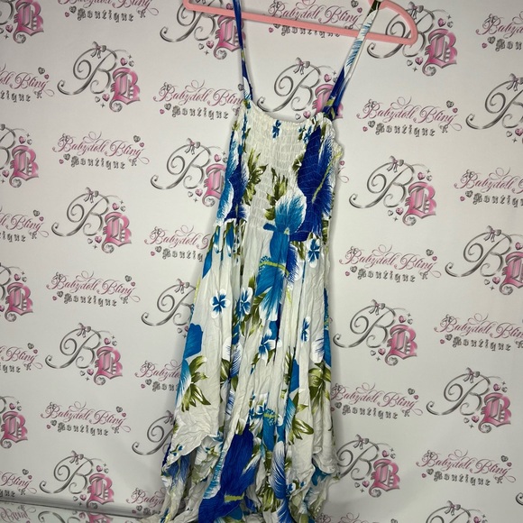 Hawaii dress floral white blue green fairy whimsical asymmetrical hem flowers - Picture 5 of 5